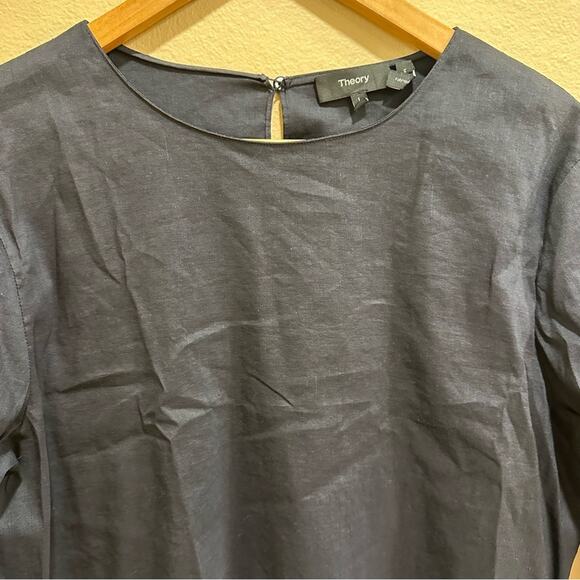 Theory Navy Blue Long Cinch Sleeve Linen Blend Top Blouse Large - Picture 6 of 13